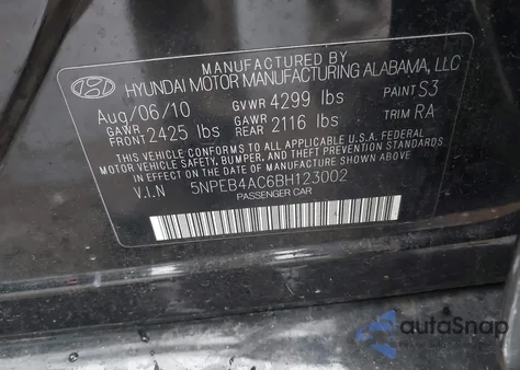 2011 Hyundai Sonata Gls z USA, uszkodzony, nr VIN 5NPEB4AC6BH123002